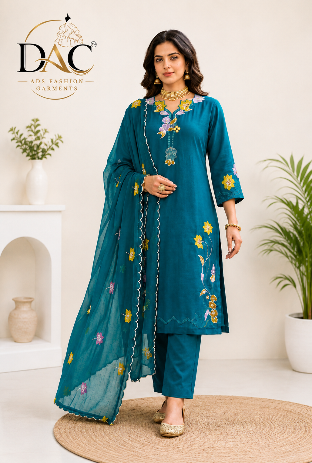 Women’s Teal Blue Floral Embroidered Kurta Pant Dupatta Set