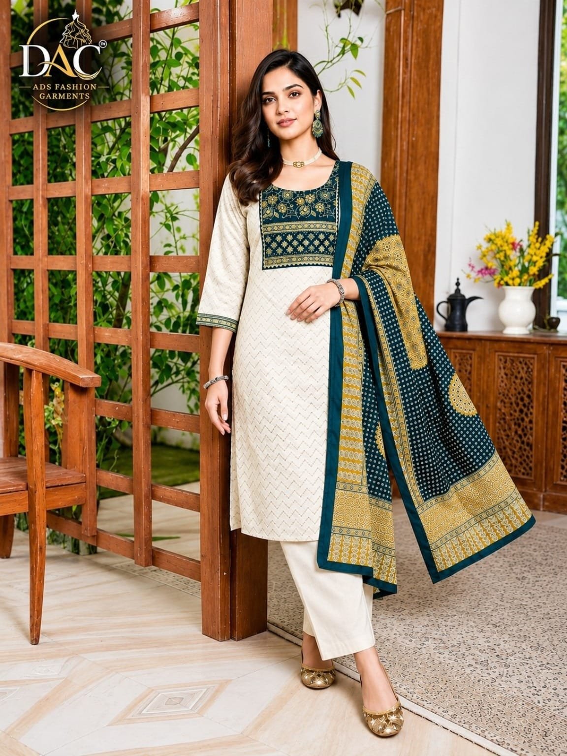 DAC Women’s creme Beige Printed Straight Suit Set with Designer Dupatta