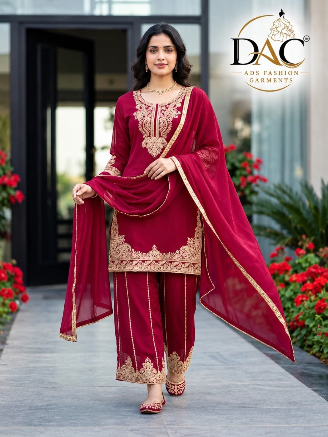 DAC Women’s Premium Embroidered Red Suit Set with Dupatta