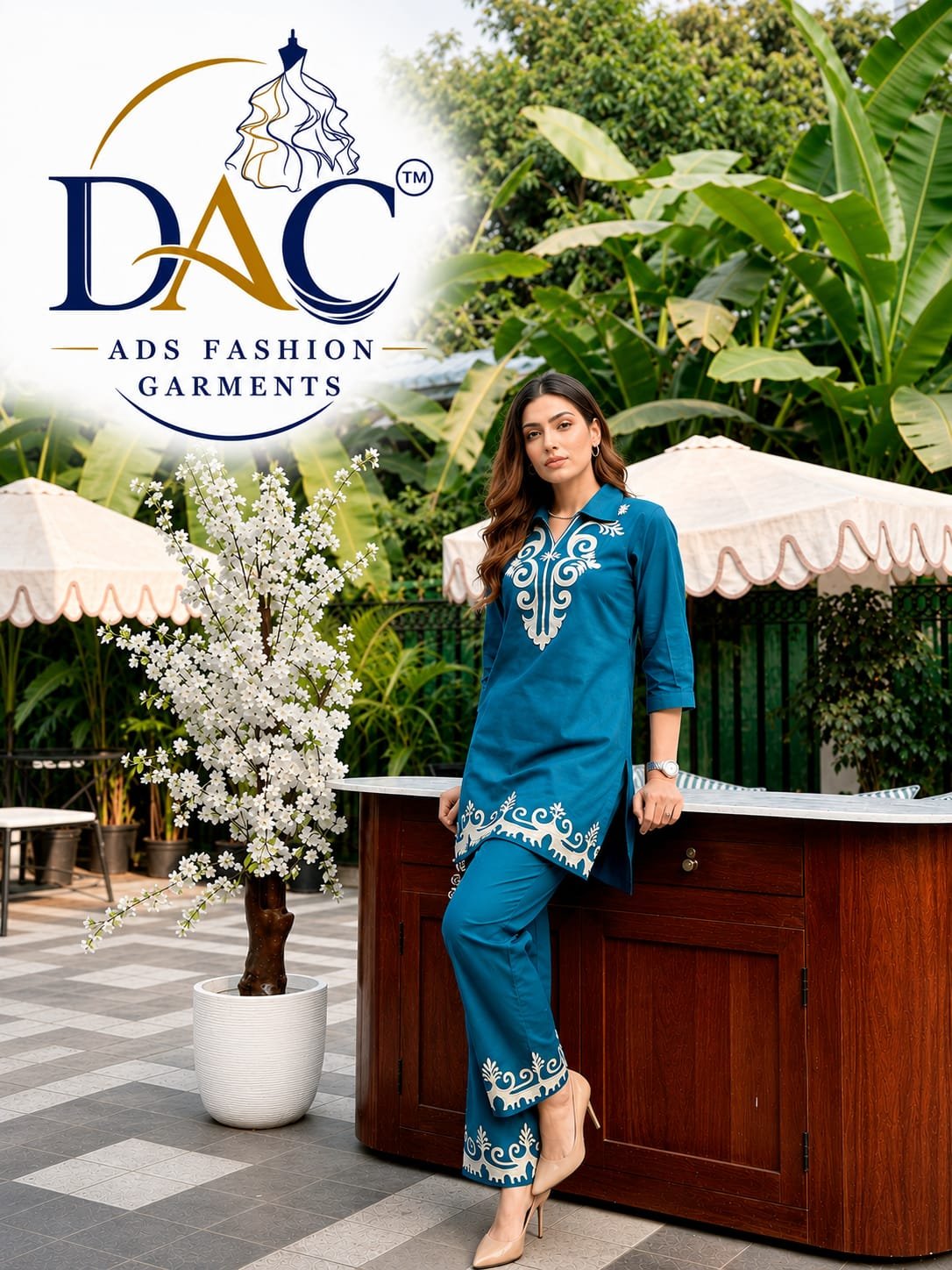 DAC Women’s Elegant Embroidered Teal Blue Co-Ord Set
