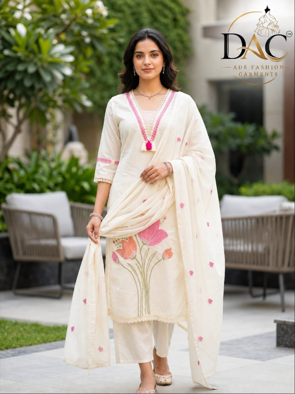 DAC Women’s Premium Cream Floral Embroidered Ethnic Suit Set with Dupatta