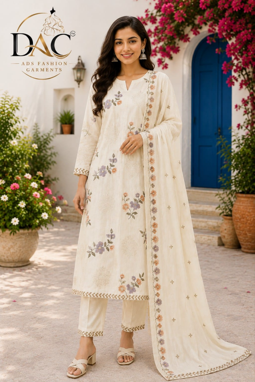 DAC Women’s White Embroidered Cotton Straight Suit Set with Dupatta