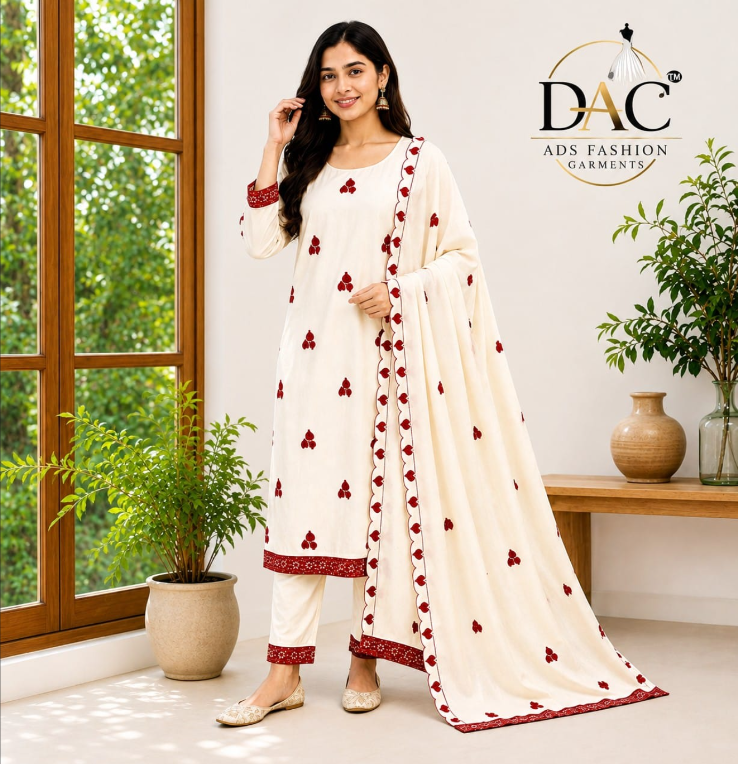 DAC Women’s Elegant Cream Embroidered  Straight Suit Set with Dupatta