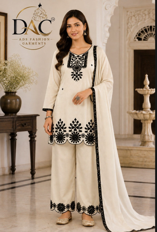 DAC Women’s Elegant Cream & Black Embroidered Suit Set with Dupatta