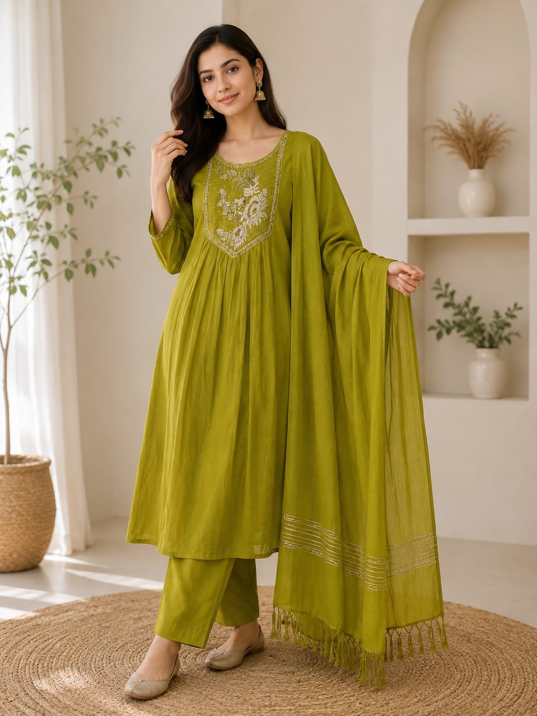 DAC Olive Green Embroidered Anarkali Suit Set with Dupatta