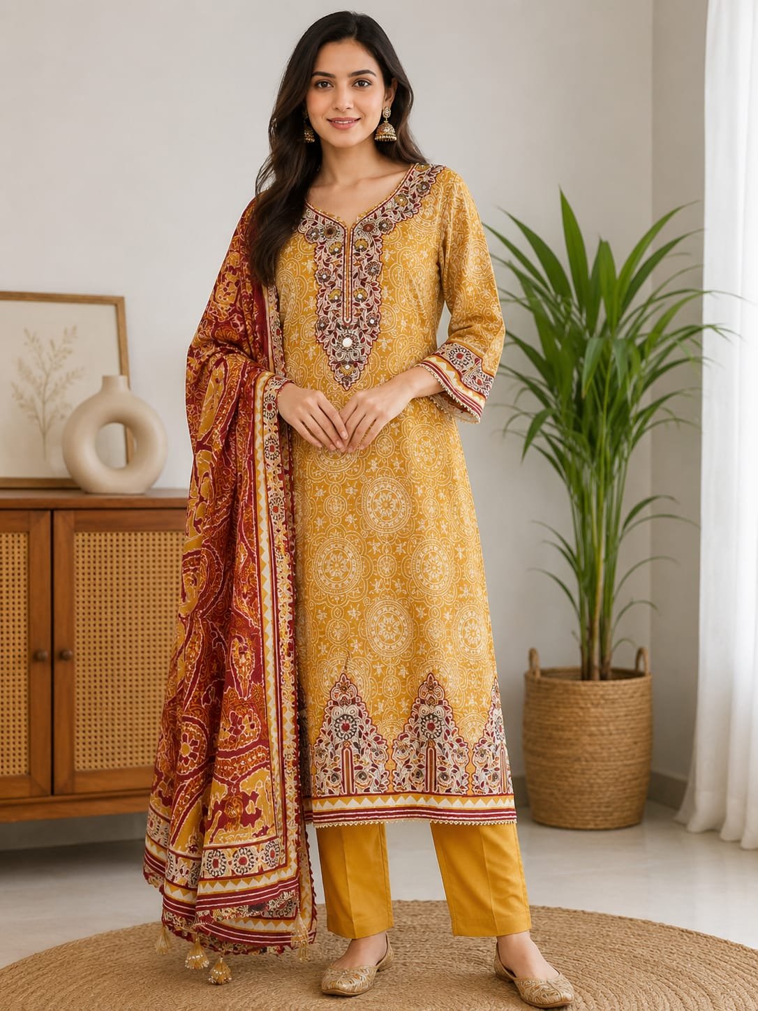 DAC Fashion Mustard Yellow Printed Suit Set with Dupatta for Women