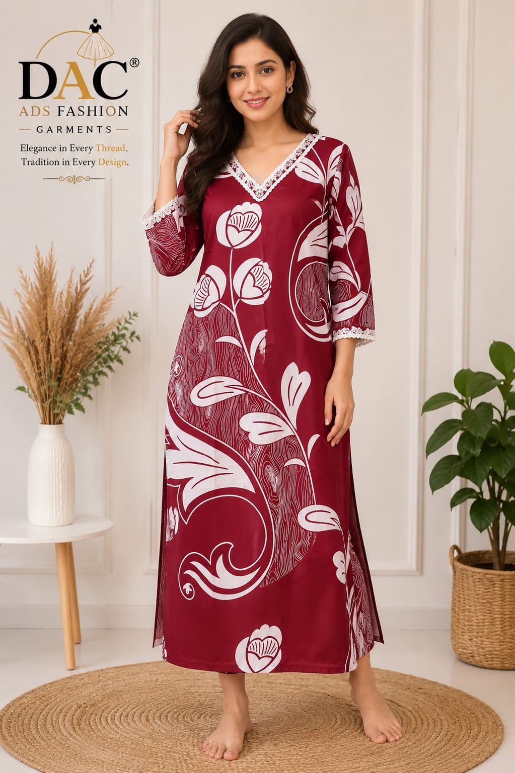 DAC ADS FASHION Women’s Maroon Printed A-Line Kurti with V-Neck & 3/4 Sleeves
