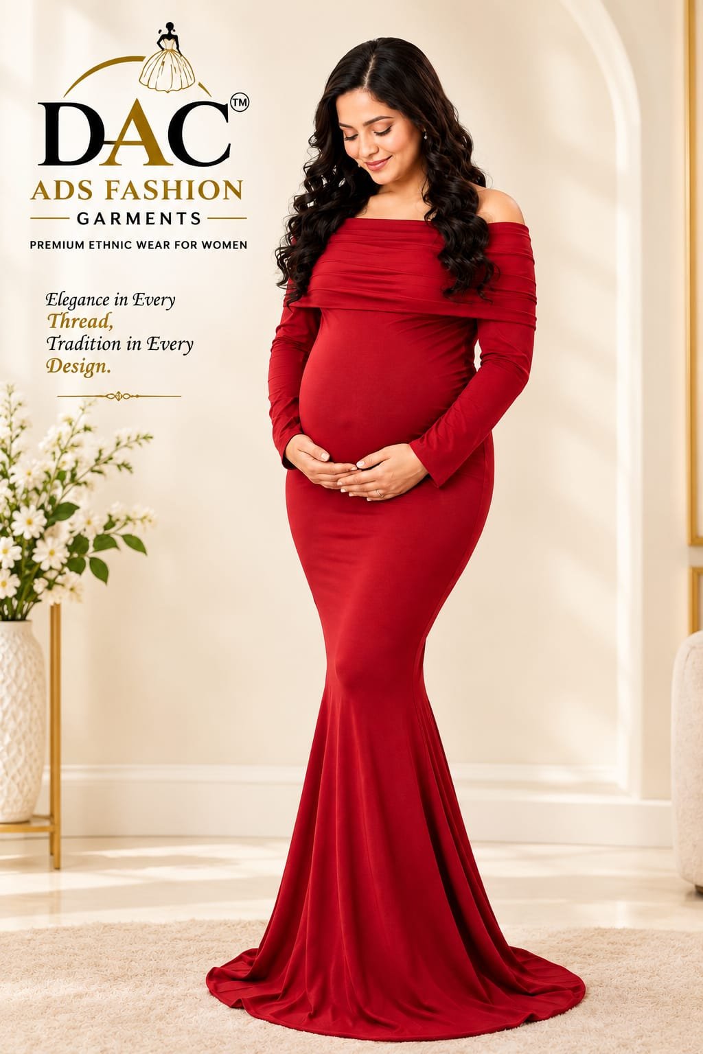 Crimson Red Off-Shoulder Maternity Mermaid Gown