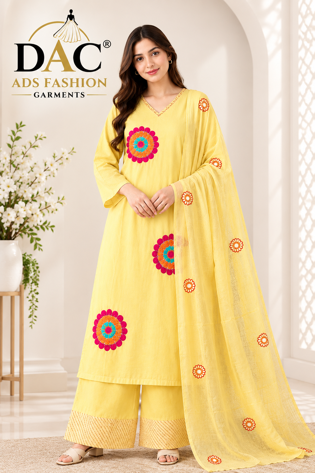 Women’s Yellow Embroidered Straight Kurta with Palazzo & Dupatta Set