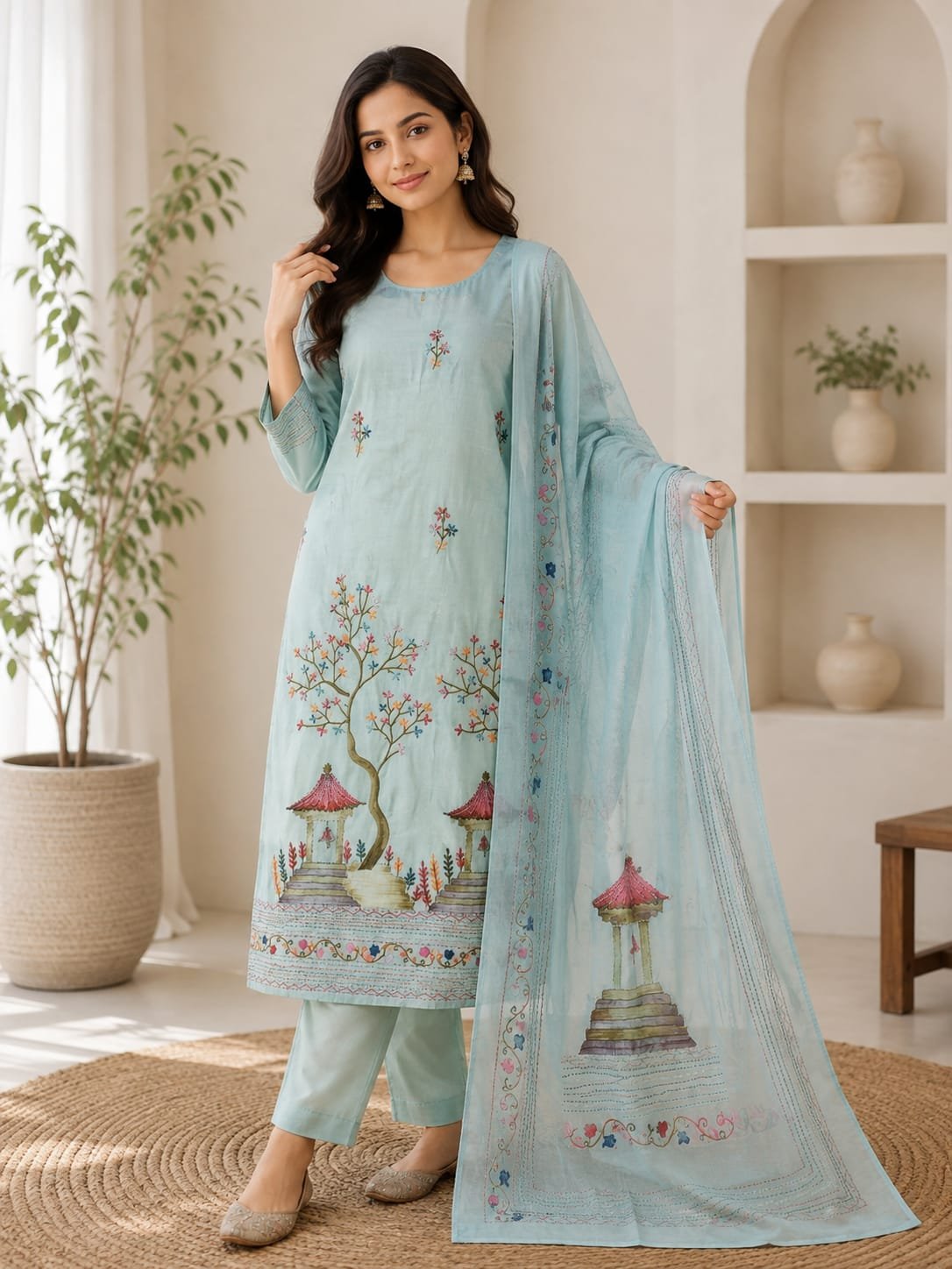 DAC Fashion Women’s Sky Blue Printed Embroidered Kurta Pant with Dupatta Suit Set