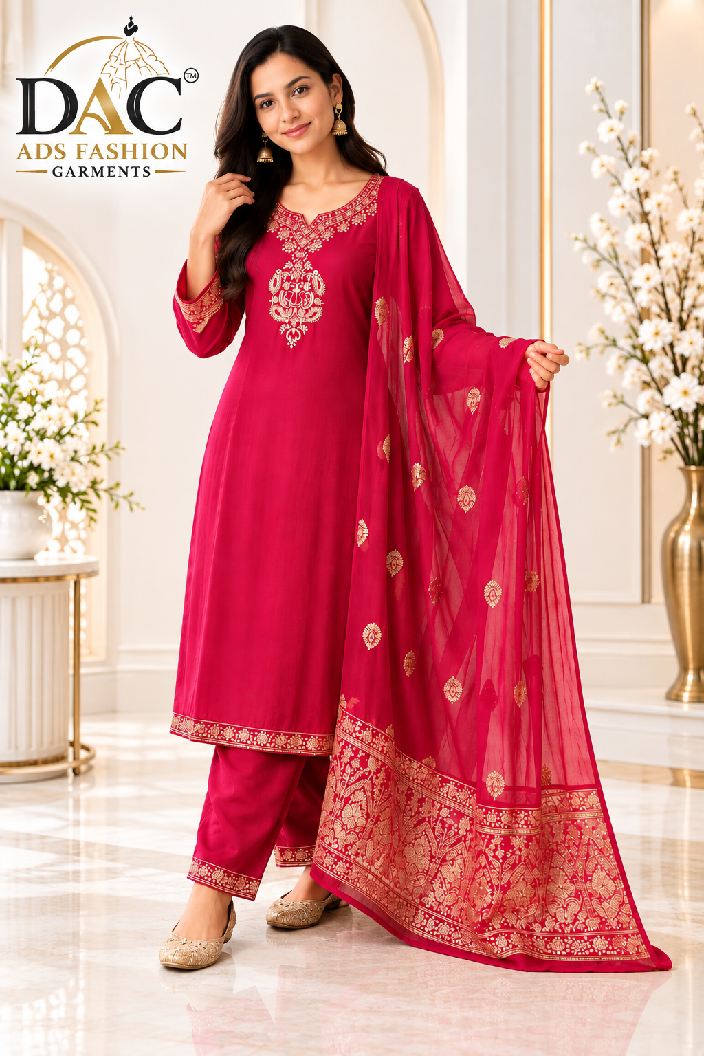 DAC Fashion Premium Rani Pink Embroidered Ethnic Suit Set with Dupatta for Women