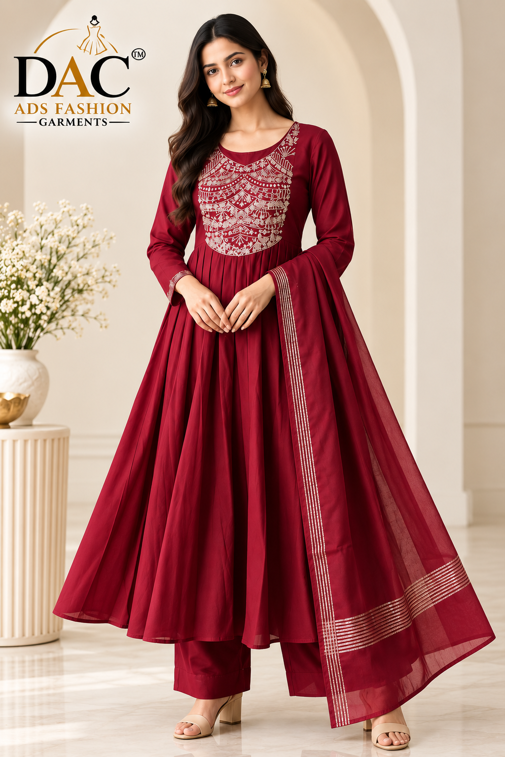 DAC Premium Maroon Embroidered Anarkali Suit Set with Dupatta