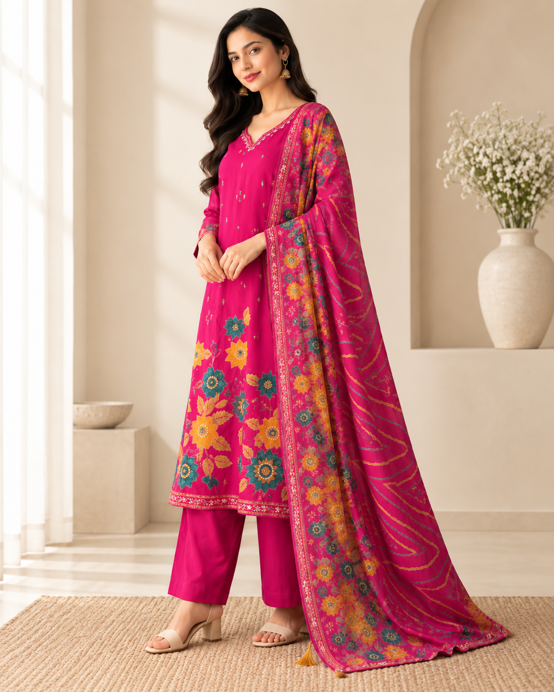 DAC Women’s Magenta Floral Embroidered Kurta Set with Matching Pants & Printed Dupatta