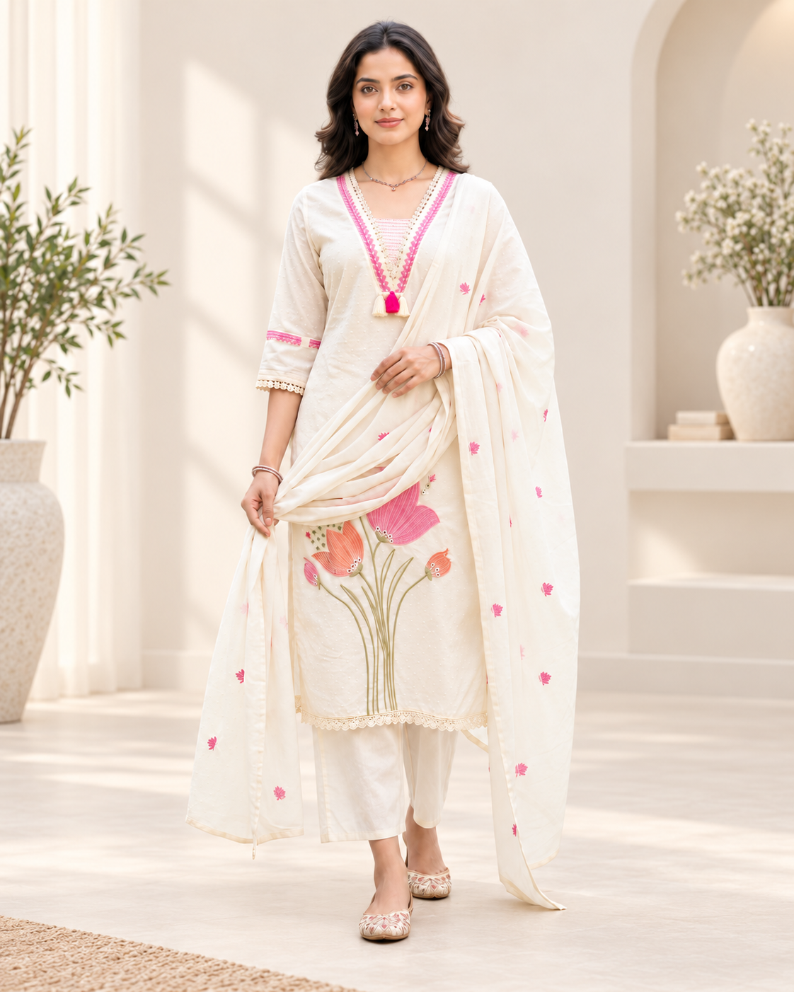 DAC Women’s Ivory White & Pink Floral Embroidered 3-Piece Ethnic Suit Set with Dupatta