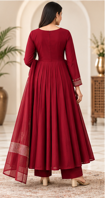 DAC Premium Maroon Embroidered Anarkali Suit Set with Dupatta